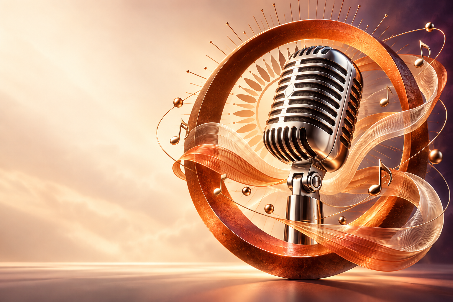 Golden audition microphone with musical notes and warm stage lighting